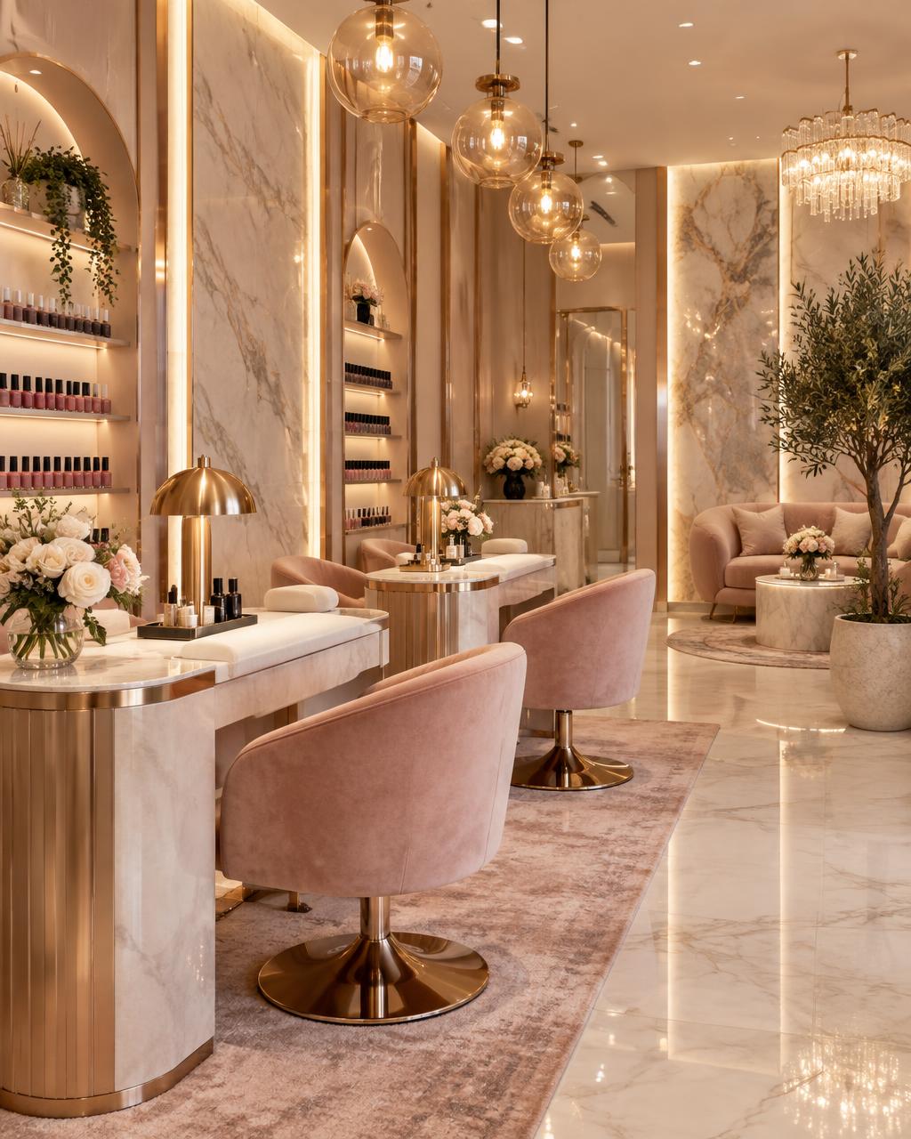 Inside Bless Nail and Beauty Lounge — marble manicure tables, blush velvet chairs and warm rose gold lighting
