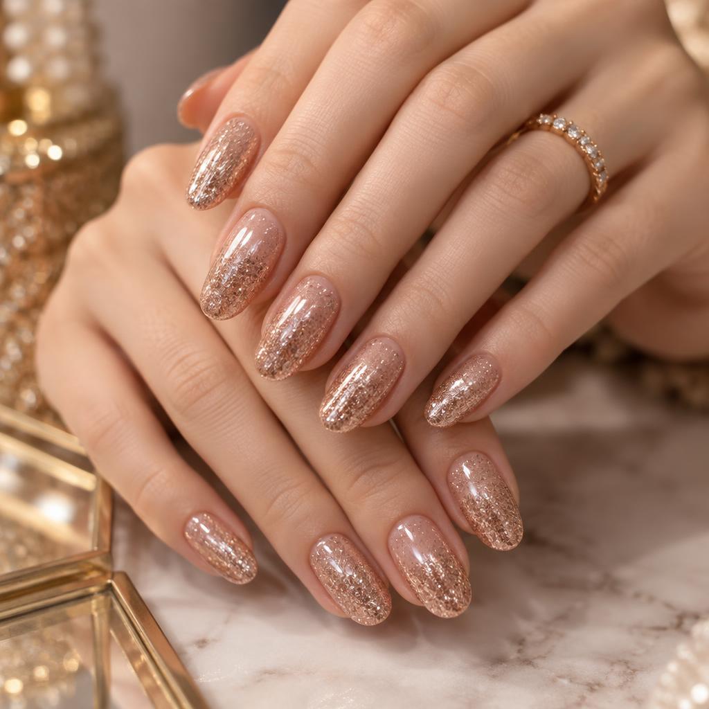 Rose gold glitter gel nails