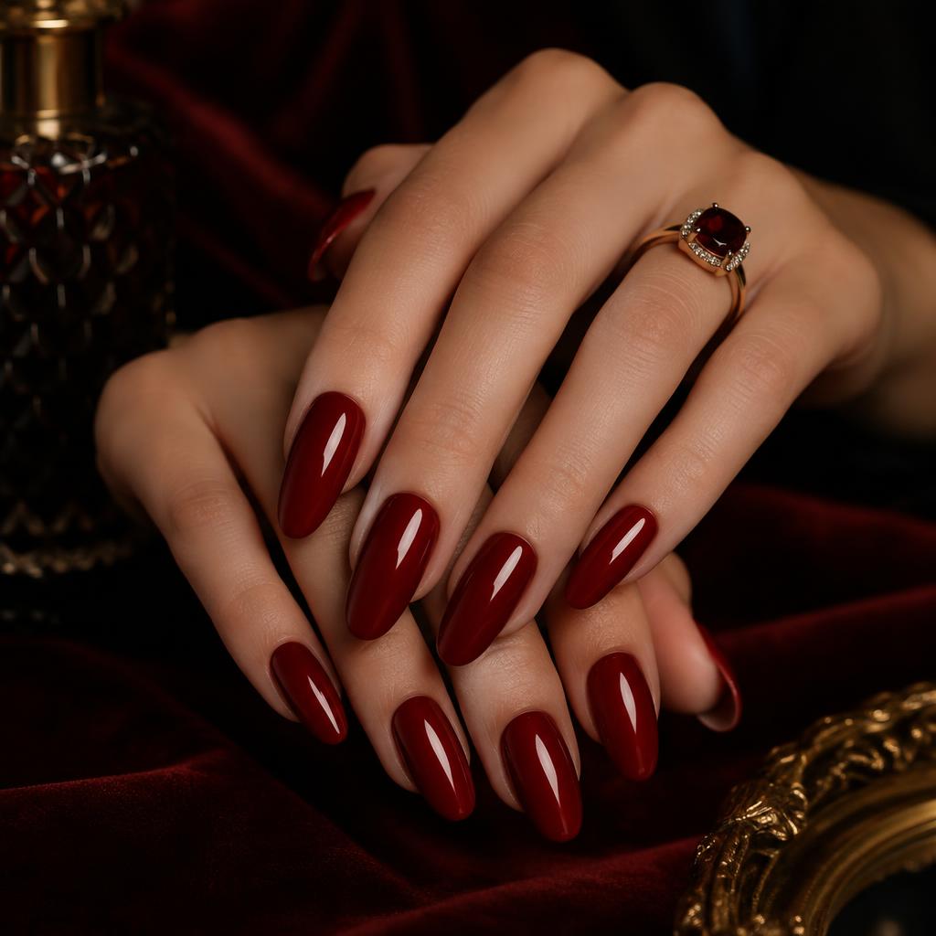 Deep red glossy nails